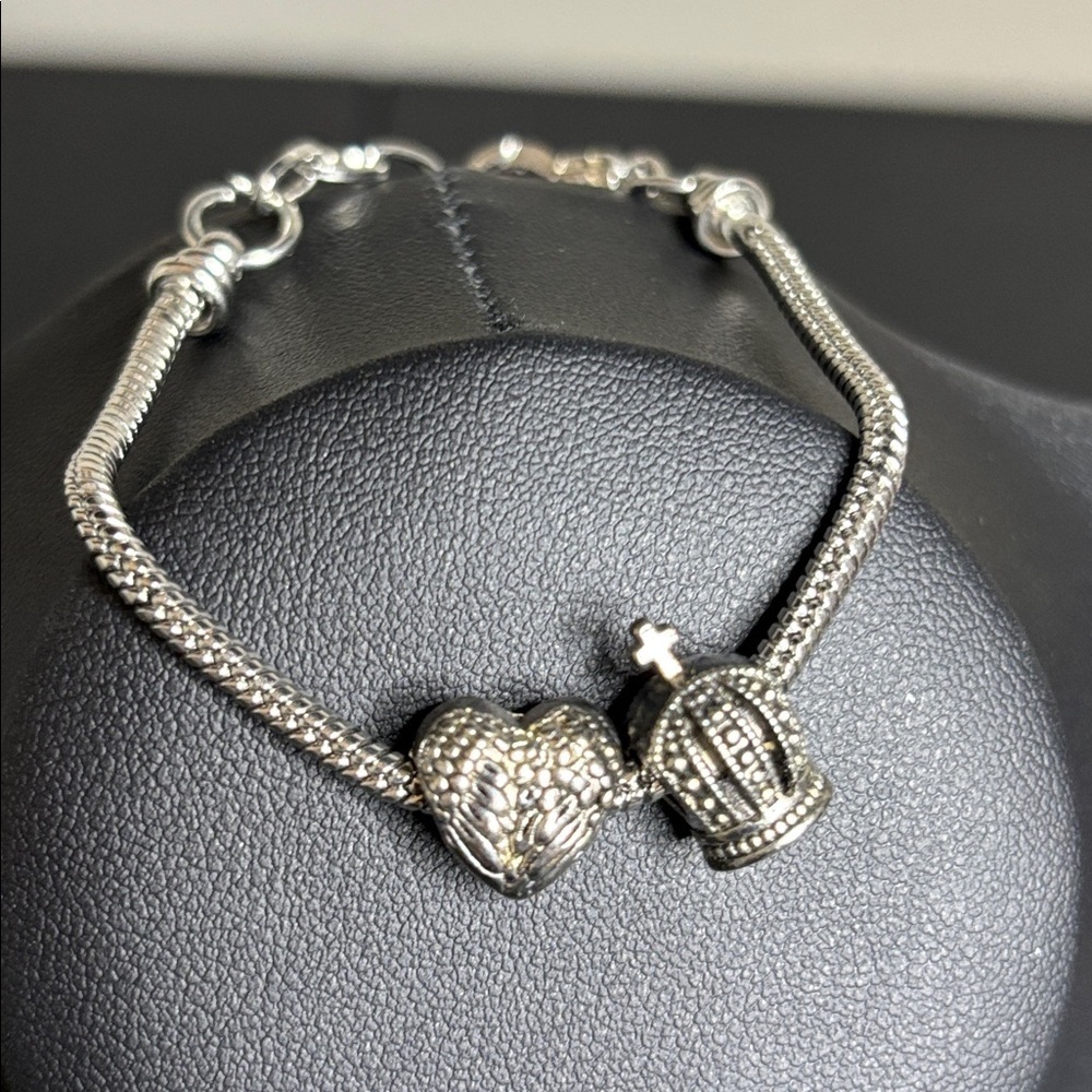 Silver Tone Slider Heart and Crown Charm Bracelet